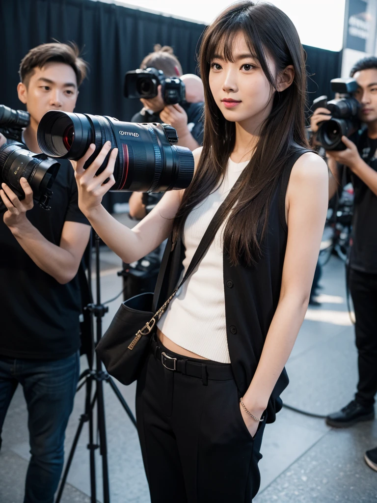 A photographer guy takes a picture of a model