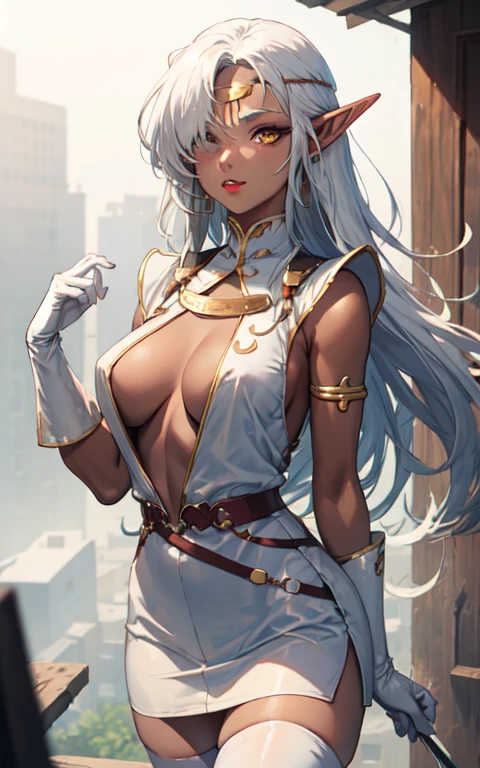 ((masterpiece, best quality)), insaneres, absurdres, solo, outdoors,
ANI_CLASSIC_pirotess_ownwaifu, www.ownwaifu.com,  
long hair, pointy ears, elf, dark skin, dark-skinned female, dark elf, breasts, white hair, circlet, large breasts, very long hair, yellow eyes, lips, armlet, long pointy ears, lipstick, makeup, bangs, nose, earrings, toned, silver hair, hair over one eye, forehead jewel, necklace, 
cleavage, white gloves, thighhighs, white legwear, armor, elbow gloves, no bra, breasts apart, belt, center opening, open clothes, short dress, white thighhighs,  white dress, thighs, 
narrow waist, sheathed, 
(portrait, close-up)lens flare, depth of field, bokeh, embers, vanishing point, looking at viewer,