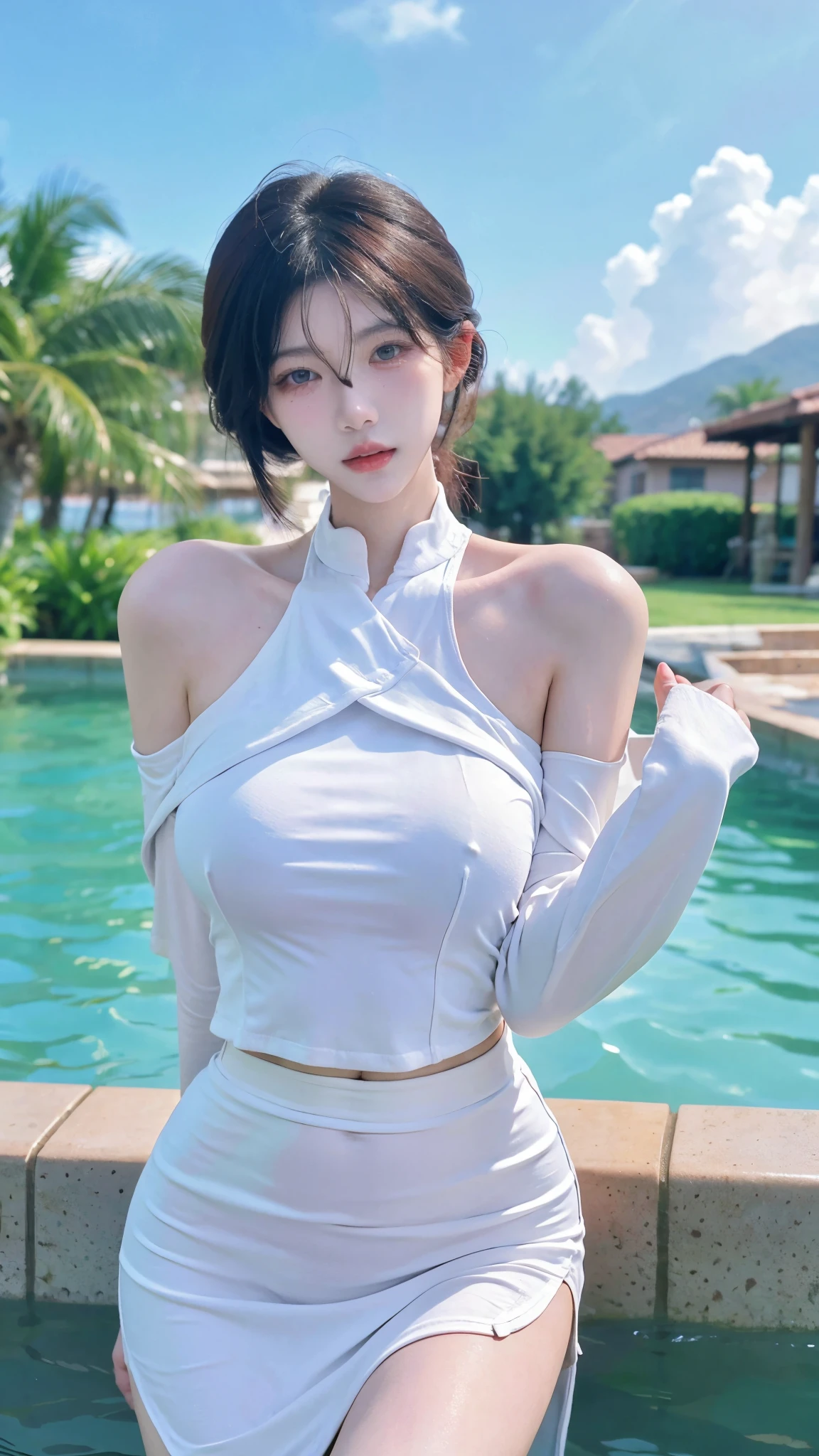 Beautiful woman with perfect figure:1.4,Swimming background,Desert Background,Ultra-high resolution,Seductive laughter,wear glasses,White legs,(lifelike:1.4),Layered Hairstyle,White skin,Black mini pleated skirt,whole body,Very delicate face and skin texture,Double eyelids,Skin Whitening,Long hair,White hair,White,