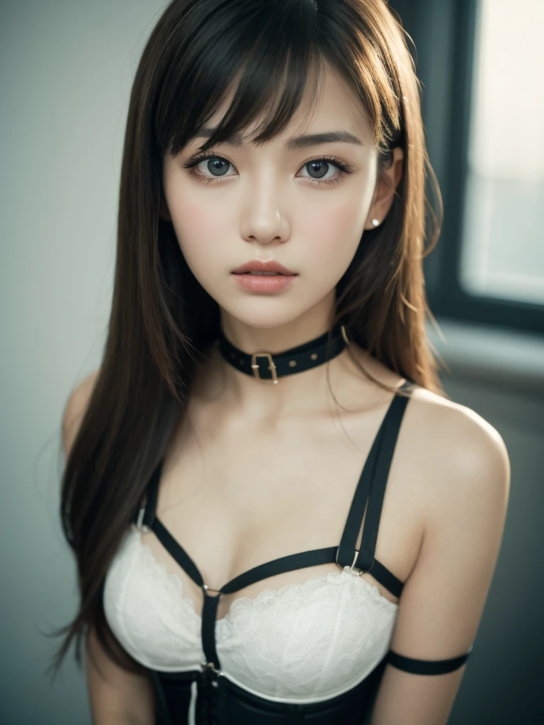 masterpiece, Highest quality, 8K, 1 Girl, 20 I, Open your mouth a little, Vague expression, close, close up of face, alone, cute, Girlish, Delicate girl, Pure beauty,  RAW Photos, Professional photography, Portraiture, Soft Light, Professional Lighting, Backlight, I look forward to seeing you, Sophisticated, Film Grain, (Eye and facial details:1.0), Big breasts and long hair floating, Black Corset, bondage, collar,Beautiful, flowing hair, Hunchback、bangs, whole body