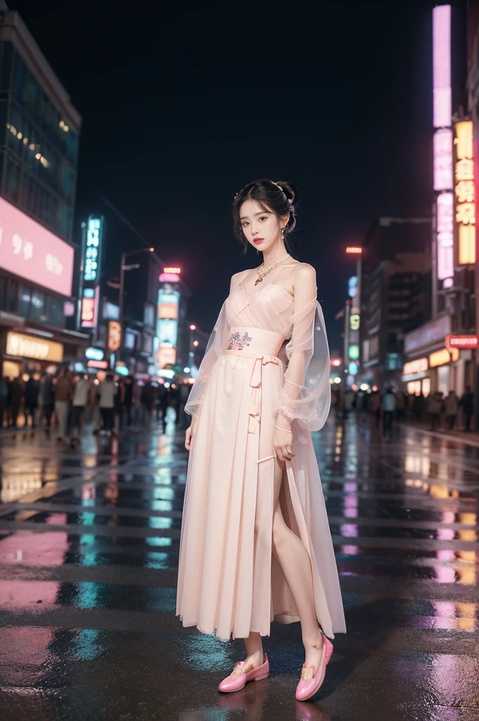 (((best quality))),(((ultra detailed))),(((masterpiece))),illustration,((1 beautiful girl,solo,korean princess)),((see through gorgeous pink sheer hanbok)),((slim,thin,small breasts,flat chest)),bun hair,((city streets,night scene)),delicate features,(traditional jewelry,earrings,necklace),modernity,tranquility,vision of beauty,((standing,full body,from front,slender legs,loafers)),((The background is a tall building filled with neon billboards)),(surrounded by crowded crowds:1.3),(arms behind back:1.3)