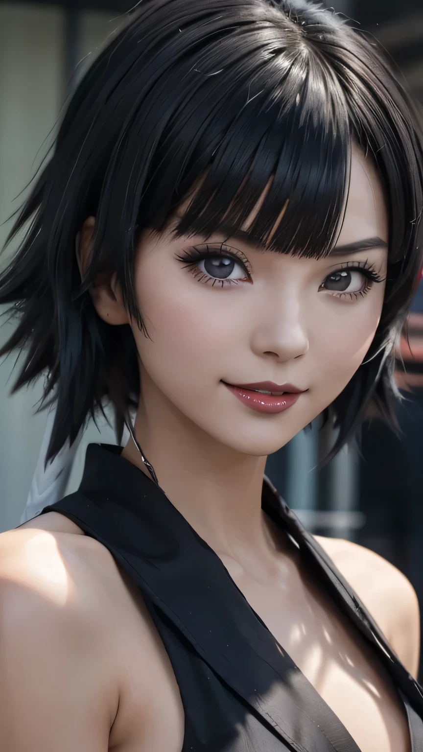 sfw, a close up of a person with short hair and a black kimono, soifon, soifon from anime bleach, as an anime character, perfect anime face, she has black hair with bangs, female anime character, anime character, anime best girl, hime cut hairstyle, black hair, (red glossy lips:1.3), blue eyes, smile, realistic, ultra detail, city background, (beautiful face:1.3), wearing bra,((skinny waist)), young asian girl, ((big breasted)),