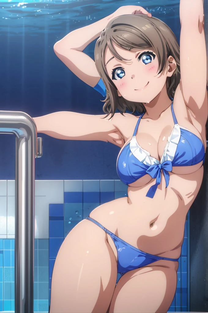(((pixel-perfect, detail-perfect))), solo, 1girl, you watanabe, eyes azzur, smile, bikini, pool, wet body, armpit, big filesize, ultra High Qality