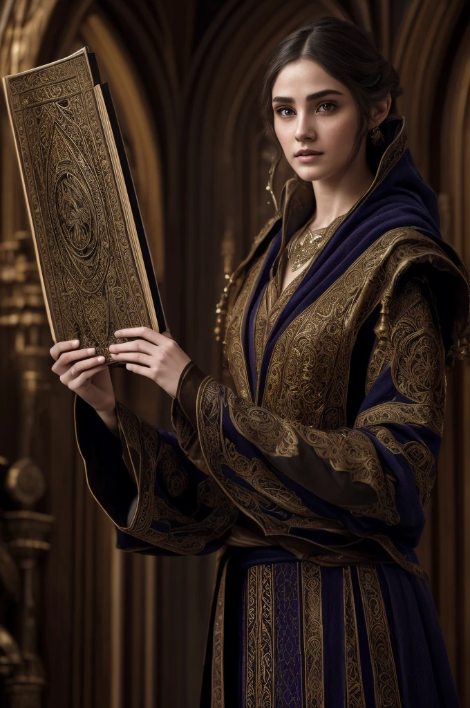 A highly detailed portrait of an Altmer mage-scholar hybrid, wearing ornate robes and holding an ancient tome, worshipping the Divinity Julianos, detailed face features, intricate clothing textures, dramatic lighting, fantasy art style, moody color palette, 16k, UHD, accurate, textured skin, high details, award winning, highres, retina, anatomically correct, super detail, high quality, best quality, masterpiece