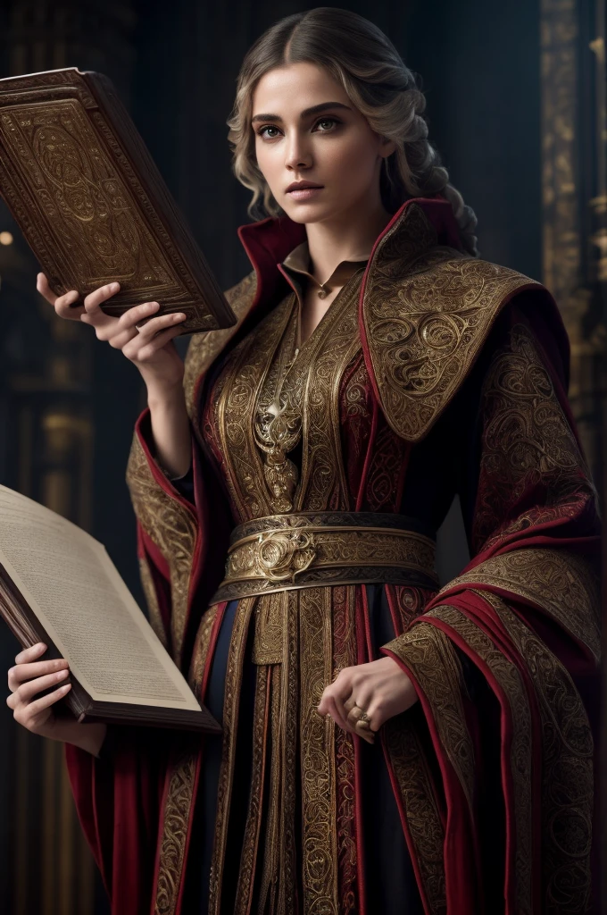 A highly detailed portrait of an Altmer mage-scholar hybrid, wearing ornate robes and holding an ancient tome, worshipping the Divinity Julianos, detailed face features, intricate clothing textures, dramatic lighting, fantasy art style, moody color palette, 16k, UHD, accurate, textured skin, high details, award winning, highres, retina, anatomically correct, super detail, high quality, best quality, masterpiece