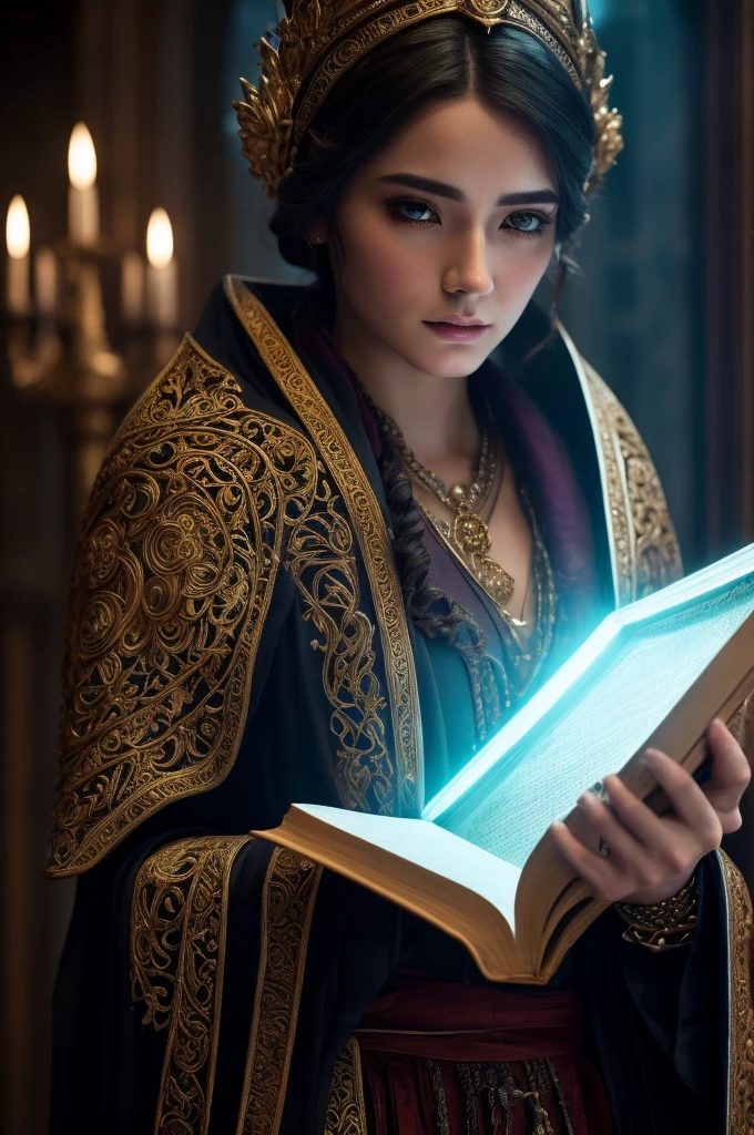 A highly detailed portrait of an Altmer mage-scholar hybrid, wearing ornate robes and holding an ancient tome, worshipping the Divinity Julianos, detailed face features, intricate clothing textures, dramatic lighting, fantasy art style, moody color palette, 16k, UHD, accurate, textured skin, high details, award winning, highres, retina, anatomically correct, super detail, high quality, best quality, masterpiece