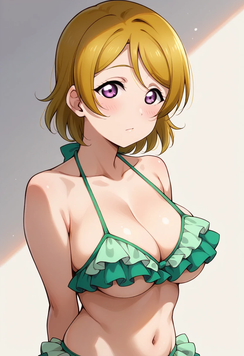Masterpiece, beautiful,Hanayo Koizumi Love Live, green frilled bikini,big breasts,(sagging breasts:0.7), arms behind back, upper body