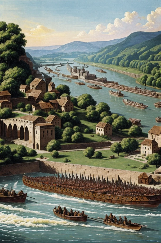 The German Invasion
**Image Description:**
- **foreground:** German soldiers crossing the Rhine River in rustic boats, some already on dry land. They are armed with swords and shields, and they wear clothing and armor typical of Germanic tribes.
- **Second plan:** Roman cities in flames, with recognizable architectural structures such as Roman arches and columns.
- **bottom:** Disorganized and surprised Roman troops, some trying to defend themselves and others fleeing.