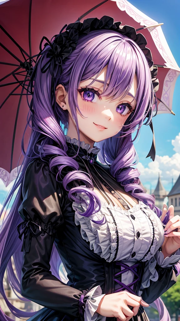 Purple Hair、Twin Hair、Drill Hair、Purple eyes、Gothic Lolita clothes、Lots of ribbon、parasol、smile、In town、4K、high resolution、masterpiece