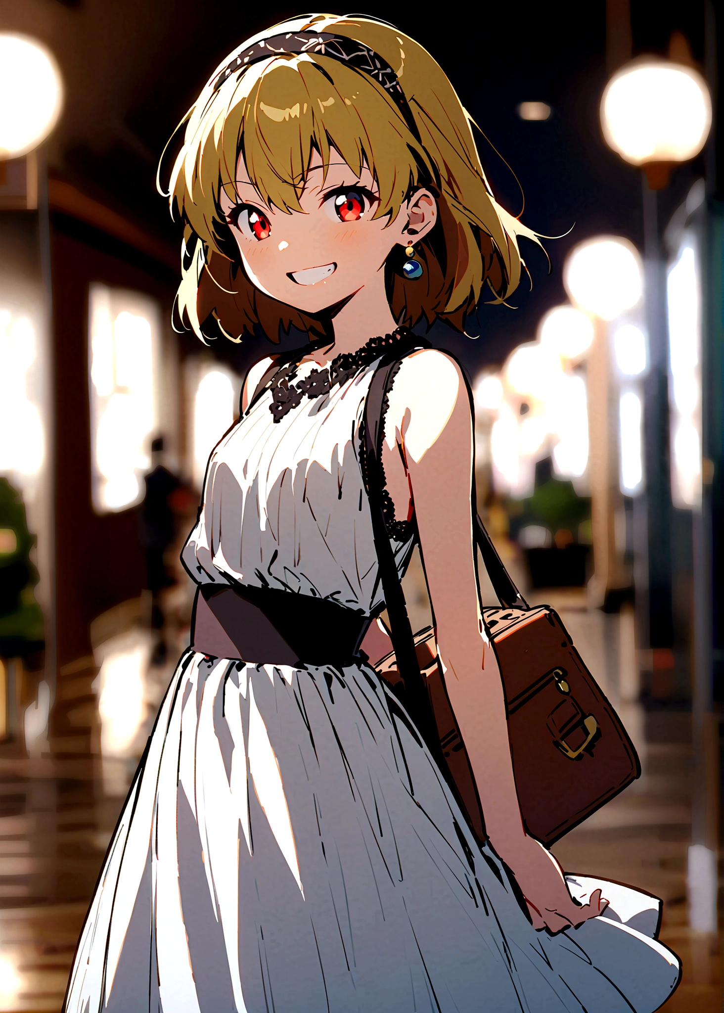 (Houjou_Satoko), (blonde), Red eyes, short hair, hair band, Small breasts, 11 years old, 1girl, 独奏, looking at viewer, smile, dress, jewelry, earrings, sleeveless, bag, white dress, grin, blurry, sleeveless dress, blurry background