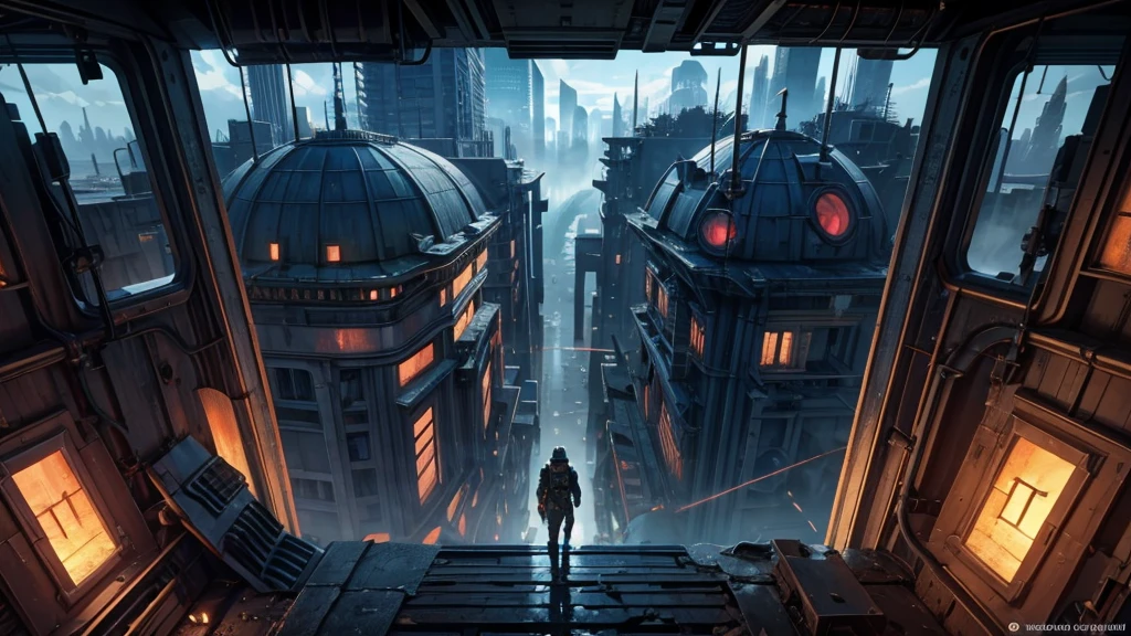 battle scenario. RPG scenario. futuristic setting. technological city. abandoned city.. make the scenario without people or entities. and create a very close scenario, from the perspective of the beholder. very close up like zoom. seen from above