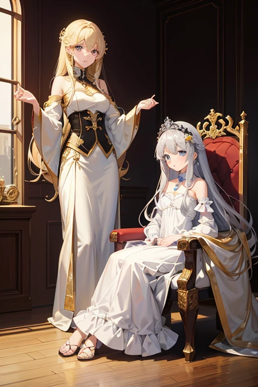 masterpiece, Highest quality, High resolution，Follow the on-screen instructions、Anime Style、Two girls on the screen、Princess、A beautiful girl with long blonde hair and a beautiful girl with long silver hair、Sitting on the throne、Two Thrones