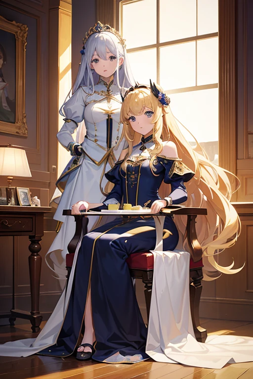 masterpiece, Highest quality, High resolution，Follow the on-screen instructions、Anime Style、Two girls on the screen、Princess、A beautiful girl with long blonde hair and a beautiful girl with long silver hair、Sitting on the throne