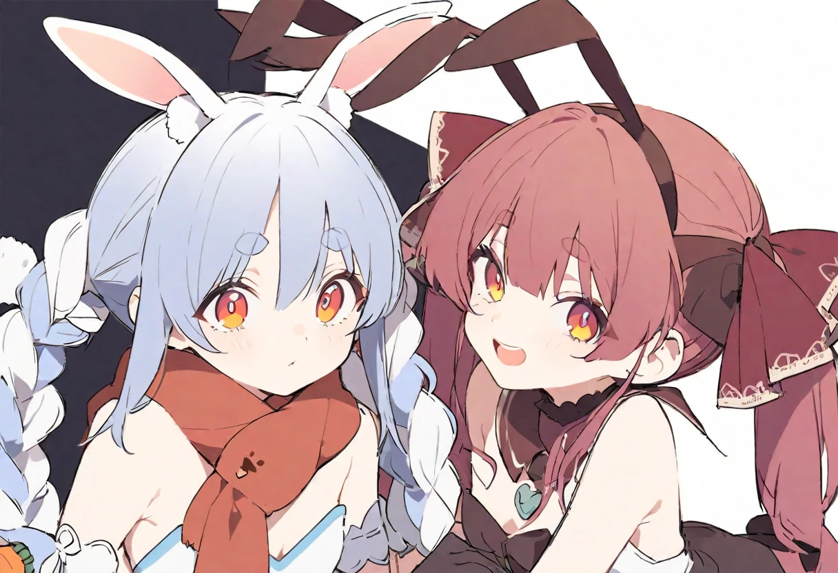 delicate、masterpiece、Highest quality、2 peopleの女の子、2 peopleだけ、2 people、virtual、Aquamarine、cute、(((Houshou Marine,cute、Redhead、Twin tails in a high position,Straight Hair、distinct eyes,Distinct eyes、Odd Eye、The left eye is yellow and the right eye is red.,captain uniform、Red belly-baring outfit、A red scarf and a light blue pendant on her chest、Black oversized jacket,White gloves、Haveは無し.)))、(((Usada Pekora、Used Pekora、cute、Light blue and white hair、Braided twin tails、A carrot is stuck in the braid、Orange and yellow gradient eyes、Cute big eyes、White fluffy cute clothes、Bunny scarf、Black gloves、Fluffy bunny ears、Have.)))、White Background、Flat Color、sketch