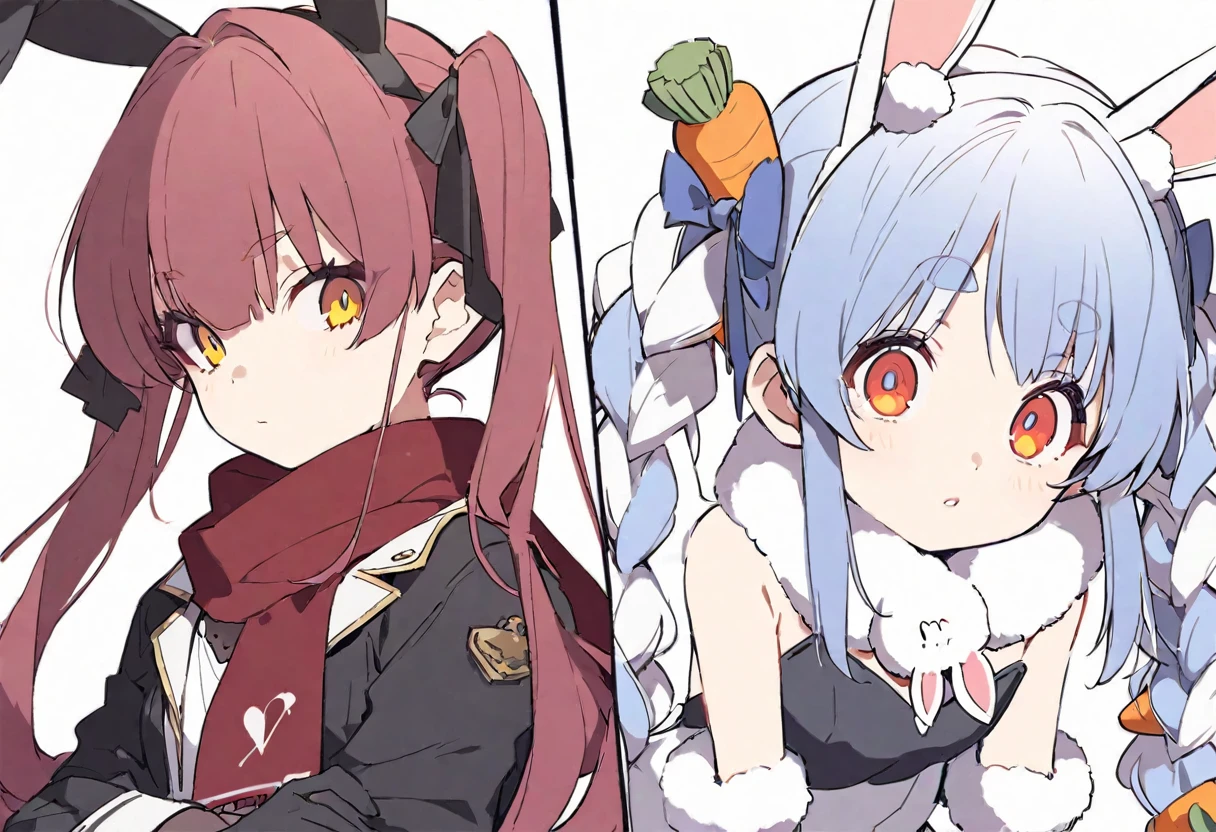delicate、masterpiece、Highest quality、2 peopleの女の子、2 peopleだけ、2 people、virtual、Aquamarine、cute、(((Houshou Marine,cute、Redhead、Twin tails in a high position,Straight Hair、distinct eyes,Distinct eyes、Odd Eye、The left eye is yellow and the right eye is red.,captain uniform、Red belly-baring outfit、A red scarf and a light blue pendant on her chest、Black oversized jacket,White gloves、Haveは無し.)))、(((Usada Pekora、Used Pekora、cute、Light blue and white hair、Braided twin tails、A carrot is stuck in the braid、Orange and yellow gradient eyes、Cute big eyes、White fluffy cute clothes、Bunny scarf、Black gloves、Fluffy bunny ears、Have.)))、White Background、Flat Color、sketch