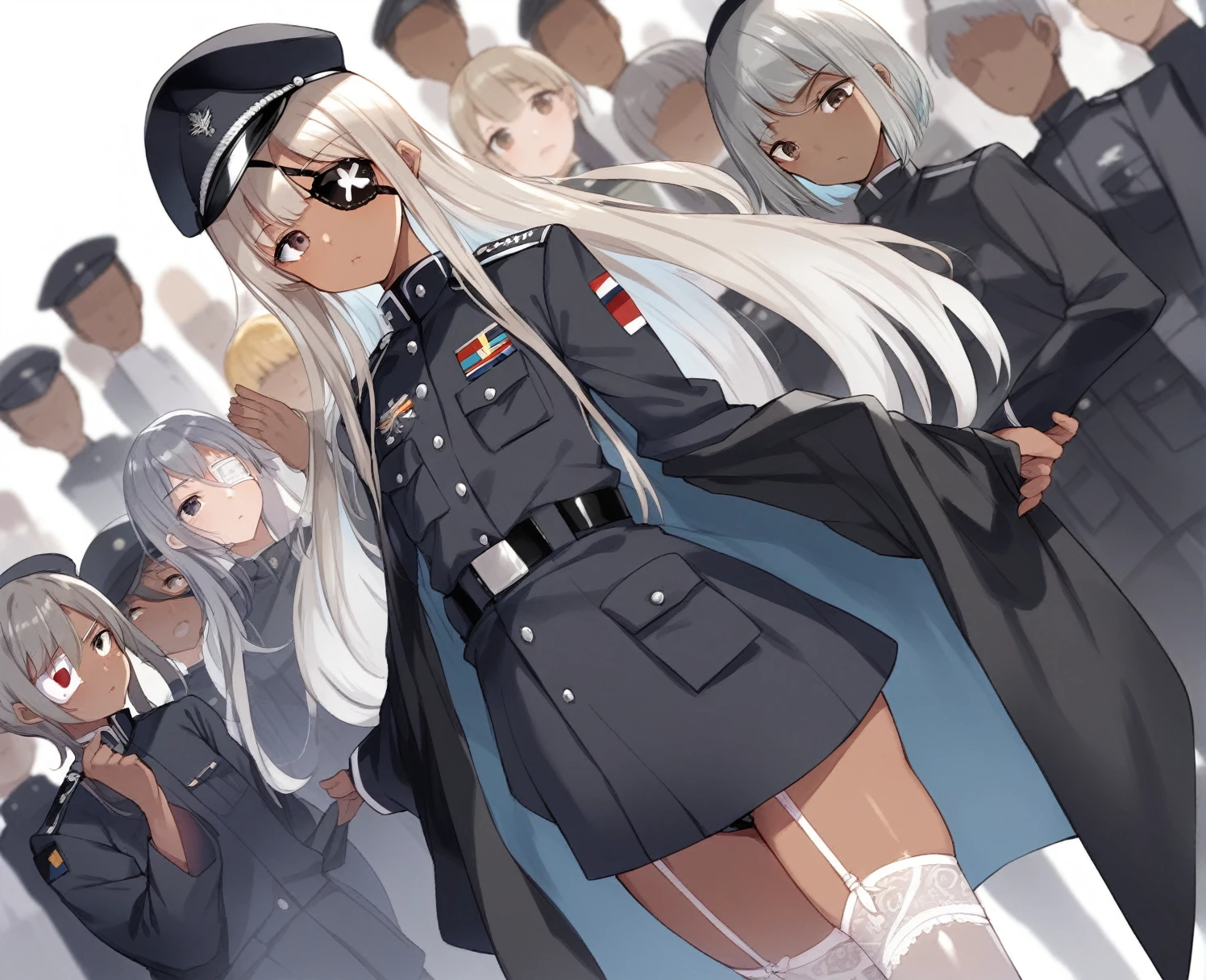 BREAK Perfect Anatomy、(High resolution:1.2)、Incredible illustrations、(Cute illustrations:1.2)
(Beautiful background,(nature,crowd))(,,dutch angle)
2gial((blonde hair,shiny hair,hair intakes:1.8,long hair)(doyagao)(a girl,, 1.4meters, 35kg),17-year-old,flat chest))(Black coat,Combat Uniform,SILKthong,slut,garter straps,Eye patch),
((gradient grey hair,shiny hair,hair intakes:1.8,Dark Skin:1.6)(doyagao)(a girl,height 1.7meters, 40kg),,17-year-old))
(Black coat,ゴシック風Combat Uniform,,garter straps,eyepatch:1.8) )
Cosplayer surrounded by people