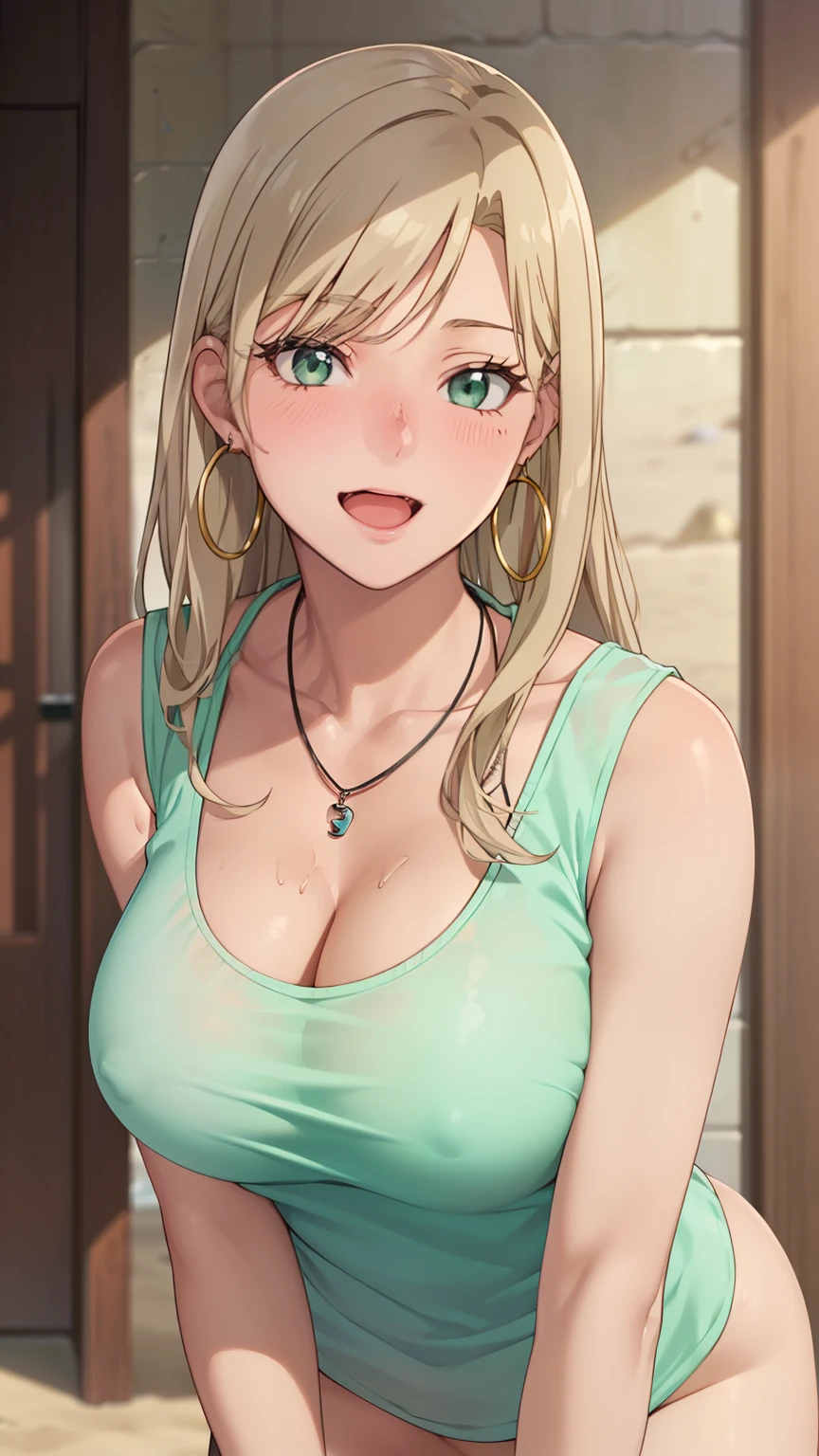 ((masterpiece, best quality, highres, UHD, RTX, perfect pixel, depth of field, 4k, extremely-detailed))), 1girl, single, solo, beautiful anime girl, beautiful artstyle, anime character, ((long hair, parted bangs, middle part hair bangs, dark blonde hair)), ((green eyes:1.4, rounded eyes, beautiful eyelashes, realistic eyes)), ((detailed face, blushing:1.2)), ((smooth texture:0.75, realistic texture:0.65, photorealistic:1.1, anime CG style, vibrant color)), ((medium breasts, cleavage, busty)), dynamic angle, perfect body, ((POV, dynamic pose, looking at viewer)), ((wearing see-through tanktop, black tanktop, no-panties, braless, showing nipple)), ((necklace, hoop earrings)), smile, open mouth, embrassed, on the beach, summer, leaning forward, NFSW, Showing breast, exposed breast, lewd, sexy, horny, nude