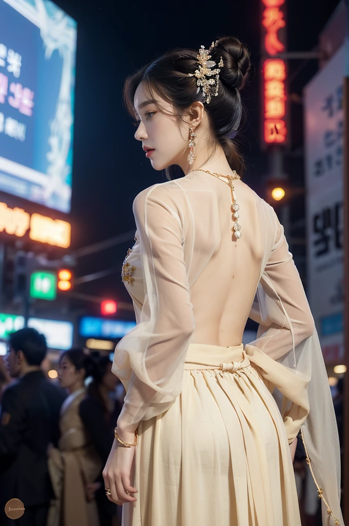 (((best quality))),(((ultra detailed))),(((masterpiece))),illustration,((1 beautiful girl,solo,korean princess)),((see through gorgeous beige sheer hanbok)),((slim,thin)),((bare back,towering hips,butt crack)),bun hair,((city streets,night scene)),delicate features,(traditional jewelry,earrings,necklace),modernity,tranquility,vision of beauty,((standing,upper body,from back)),((The background is a tall building filled with neon billboards)),(surrounded by crowded crowds:1.3)