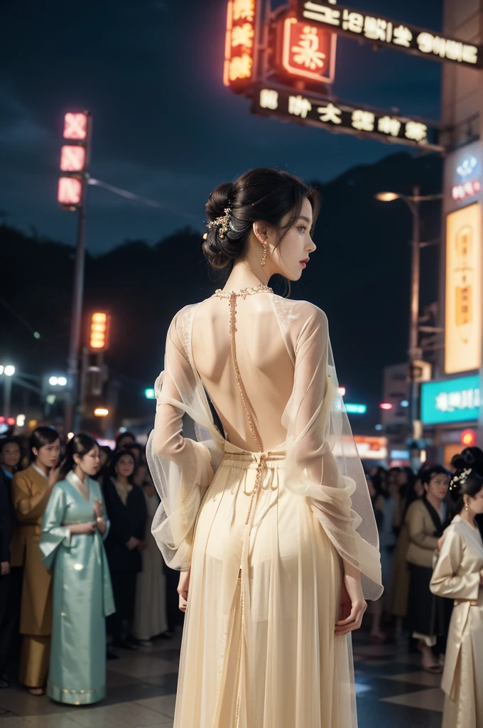 (((best quality))),(((ultra detailed))),(((masterpiece))),illustration,((1 beautiful girl,solo,korean princess)),((see through gorgeous beige sheer hanbok)),((slim,thin)),((bare back,towering hips,butt crack)),bun hair,((city streets,night scene)),delicate features,(traditional jewelry,earrings,necklace),modernity,tranquility,vision of beauty,((standing,upper body,from back)),((The background is a tall building filled with neon billboards)),(surrounded by crowded crowds:1.3)
