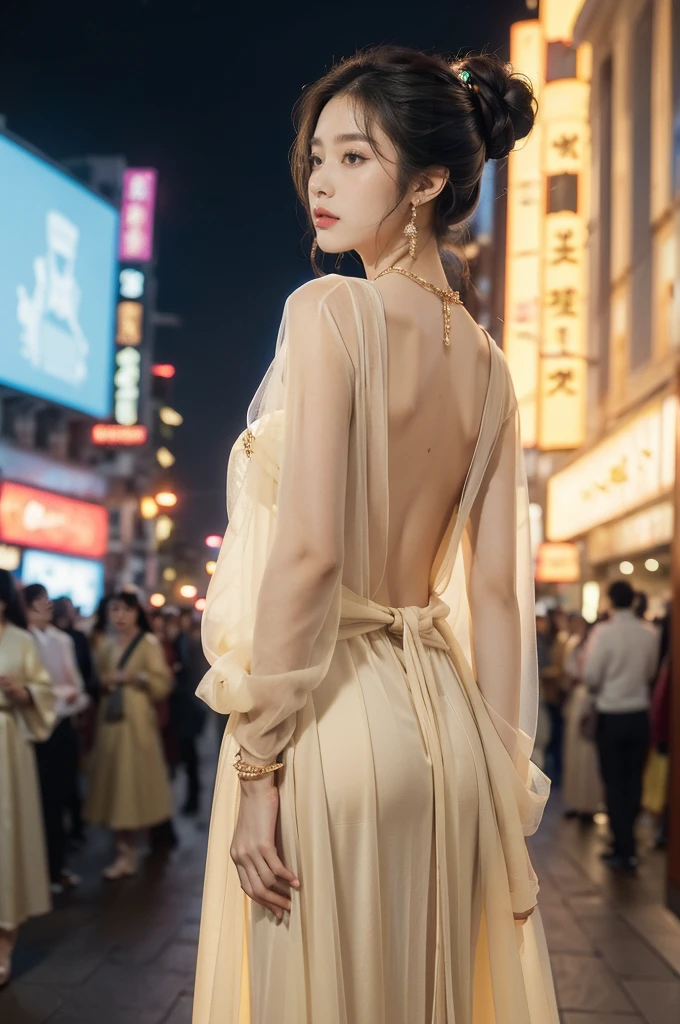 (((best quality))),(((ultra detailed))),(((masterpiece))),illustration,((1 beautiful girl,solo,korean princess)),((see through gorgeous beige sheer hanbok)),((slim,thin)),((bare back,towering hips,butt crack)),bun hair,((city streets,night scene)),delicate features,(traditional jewelry,earrings,necklace),modernity,tranquility,vision of beauty,((standing,upper body,from back)),((The background is a tall building filled with neon billboards)),(surrounded by crowded crowds:1.3)