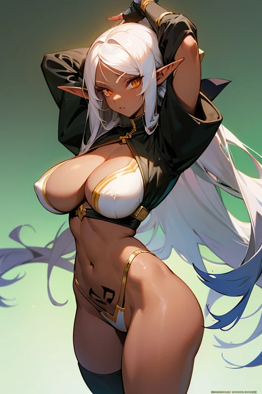 {anime girl} with straight long white hair, she has {{dark skin}}, she has pointy elf years and golden eyes, she has a curvy body with big breast and a big butt, she is wearing a very {skimpy fantasy outfit} that shows most of her skin, she is exposing her thighs, cleavage and midriff. she is not wearing any hat, her clothes cover her arms and legs, she is wearing fingerless gloves, all of her clothes is skintight, she has an {womb tattoo} under her belly button