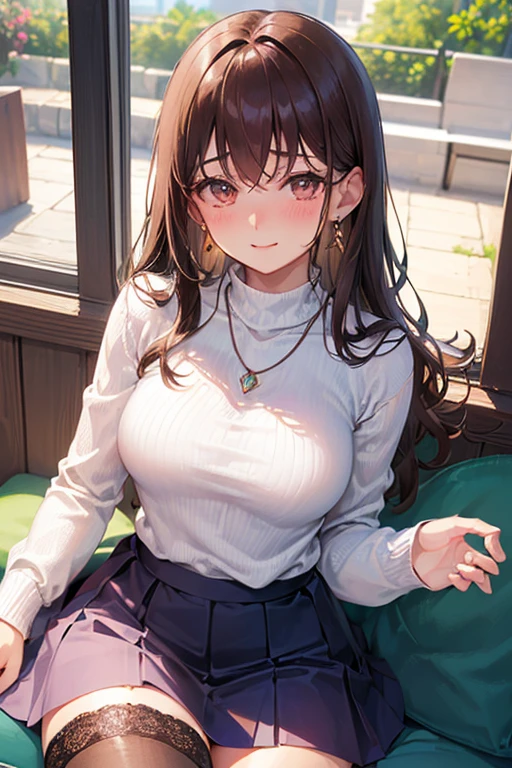 (table top, highest quality, High resolution, , perfect pixel, 4k,), 1 girl, single, alone, Beautiful woman、I could see the whole body、 ((wavy mid-length hair, bangs, brown hair)), ((brown eyes, beautiful eyelashes, realistic eyes)), ((detailed face, blush:1.2)), ((smooth texture:0.75, realistic texture:0.65, realistic:1.1, Anime CG style)), medium breasts, dynamic angle, perfect body, ((, female teacher, , earrings、necklace、turtleneck sweater、、black knee high stockings、((open both legs wide、open both knees))、Tight denim skirt、shy smile、Sitting at the pulpit、emphasize the chest、、)), Upper grade、、、evening、、(You can see her pink and white lace panties、、(、)、)、