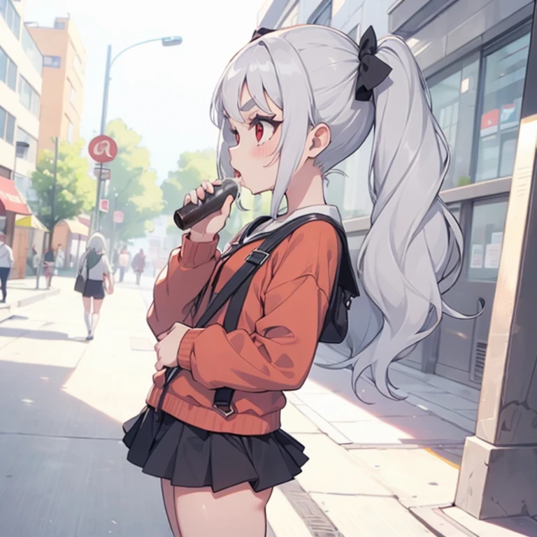 Young girl with grey hair, ((fringed and curly hair)),((curly short twintail)), curly hair ,(red eyes),, ((small bushy eyebrows)), wearing gothic lolita clothing, lolicon , walking to school, bored look, bored face, girl sucking penis cum bubbling out her mouth, in a street, girl giving a deepthroat blowjob to male, multiple vignettes