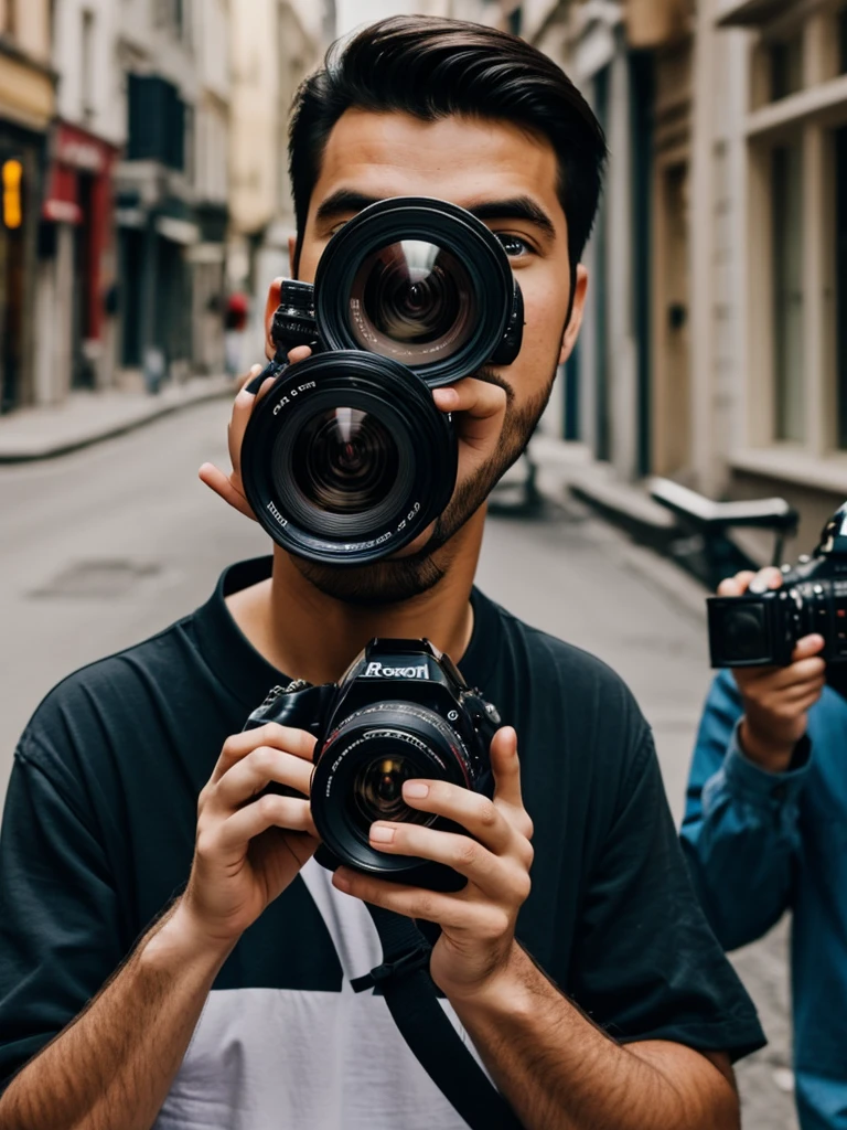 A photographer guy takes a picture of a model