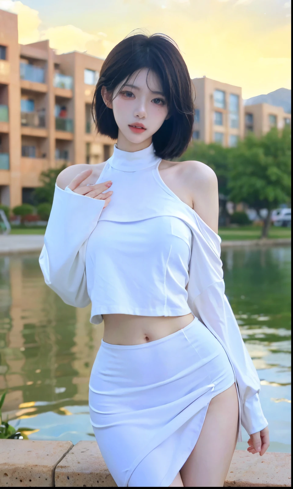 Beautiful woman with perfect figure:1.4,Swimming background,Desert Background,Ultra-high resolution,Seductive laughter,wear glasses,White legs,(lifelike:1.4),Layered Hairstyle,White skin,Black mini pleated skirt,whole body,Very delicate face and skin texture,Double eyelids,Skin Whitening,Long hair,White hair,White,