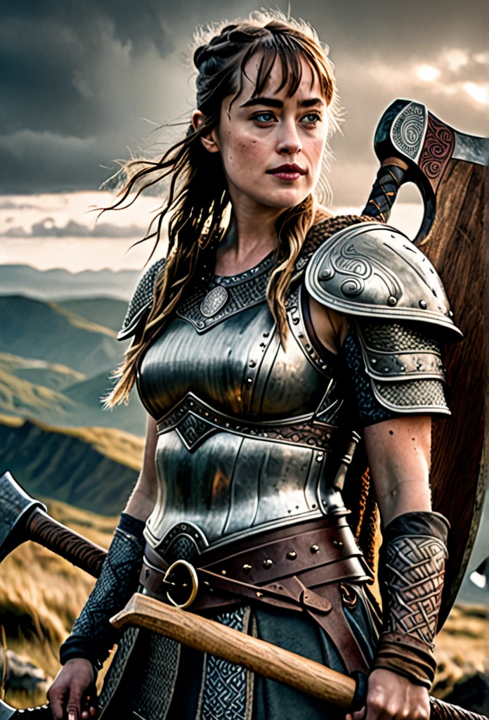 a beautiful viking warrior woman with many facial tattoos, Dakota Johnson, holding an axe, detailed portrait, cinematic lighting, dramatic pose, intricate armor, rugged landscape, muted color palette, realistic, photorealistic, 8k, high quality, hyper detailed, masterpiece