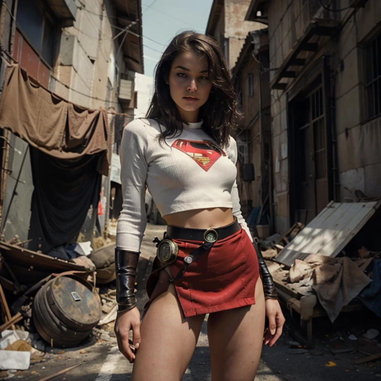 motor irreal:1.4,CG ultra realista 64K, fotorrealista:1.4, textura de la piel:1.4, obra maestra:1.4,posing behind Beautiful woman in a Superman costume standing in front of a fire apocalyptic city, mostrando vientre plano,red miniskirt, ,beautiful fine hands,