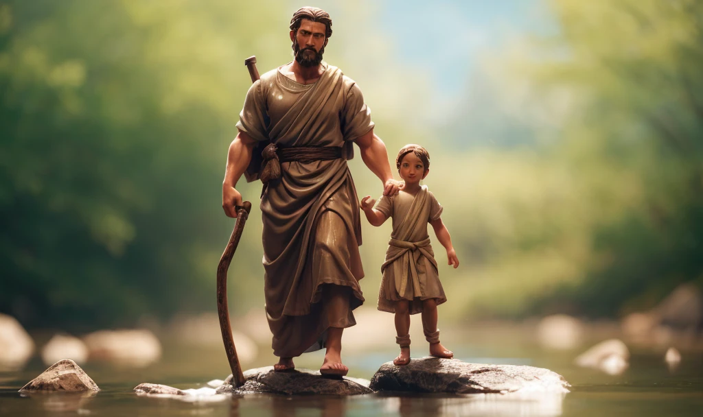 Create an ultra-realistic image of Saint Christopher, represented as a tall, strong man with a dark beard and long hair. He must be crossing a shallow river, holding a large wooden staff in one hand and carrying the baby Jesus on his shoulders. Saint Christopher must be dressed in a simple tunic, brown or beige, which appears heavy and wet from the river. The baby Jesus must be represented as a small, serene , with light hair and a calm expression, wearing a white robe. The scene should be at dawn or dusk, with soft, natural light, and the background should include a natural setting with trees and a slightly cloudy sky. The image should capture the effort of Saint Christopher when crossing the river and the tranquility of the baby Jesus. The composition should convey a feeling of devotion, strength and protection.