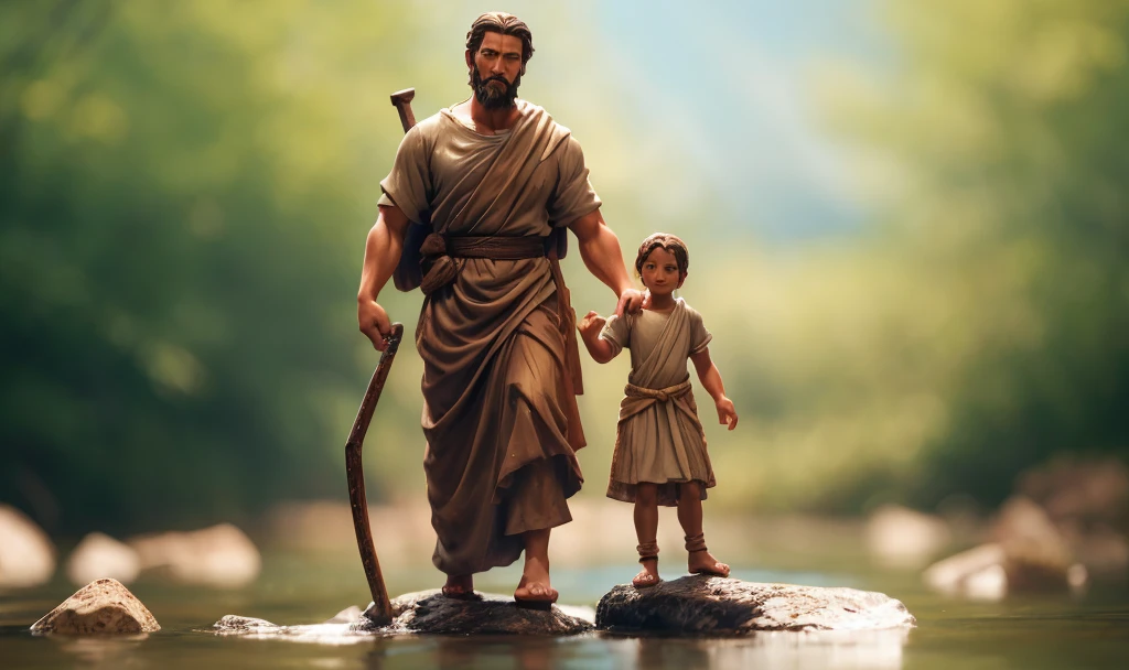 Create an ultra-realistic image of Saint Christopher, represented as a tall, strong man with a dark beard and long hair. He must be crossing a shallow river, holding a large wooden staff in one hand and carrying the baby Jesus on his shoulders. Saint Christopher must be dressed in a simple tunic, brown or beige, which appears heavy and wet from the river. The baby Jesus must be represented as a small, serene , with light hair and a calm expression, wearing a white robe. The scene should be at dawn or dusk, with soft, natural light, and the background should include a natural setting with trees and a slightly cloudy sky. The image should capture the effort of Saint Christopher when crossing the river and the tranquility of the baby Jesus. The composition should convey a feeling of devotion, strength and protection.