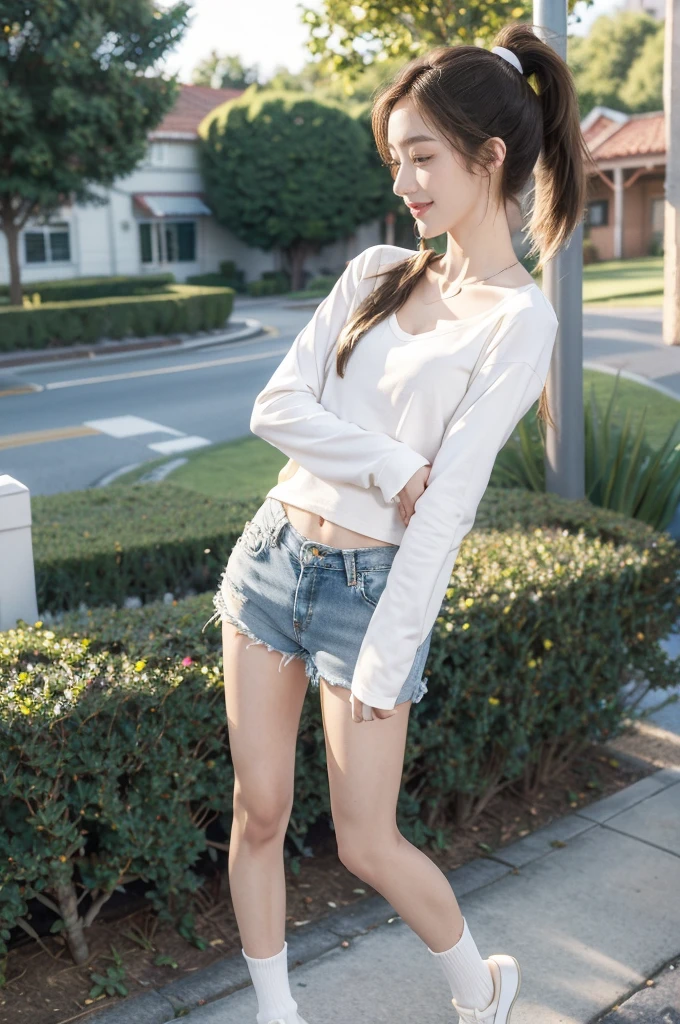 (((best quality))),(((ultra detailed))),(((masterpiece))),illustration,((1 beautiful girl,solo)),((slim,thin)),((small breasts,flat chest)), outside school gate, summer twilight, sunlight,(short ponytail:1.3),(claviclies,cleavage),((white long-sleeved shirt)),((denim shorts,slender legs)),(plain white socks, comfortable flip-flops), animated face, excited eyes, sounds of laughter, chatter, excitement of summer vacation, air filled with energy, school gate golden glow, symbol of end of academic year, schoolyard transformed, reunion, farewells, embracing setting sun, face illuminated, moment captured, fleeting instant, essence of summer, carefree spirit, youthful exuberance, embodiment of season, sun dips, rosy glow, joy of living,promise of adventures,((standing,from front,full body)),(surrounded by crowded crowds:1.3)