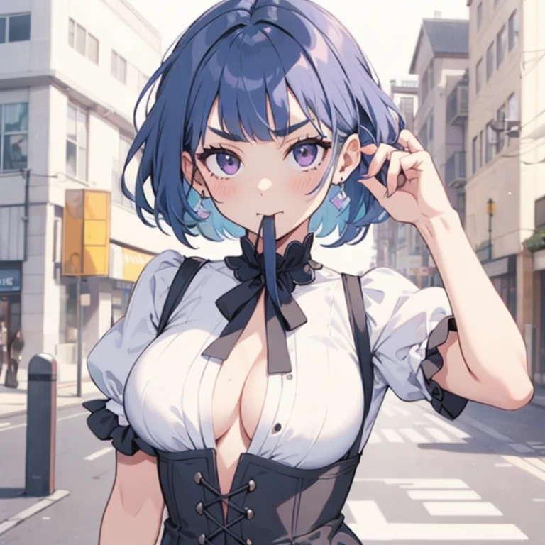 Young girl with blue hair,short straight hair and short bangs (purple eyes),, ((small bushy eyebrows)), wearing gothic lolita clothing, lolicon , (medium large breast, breasts out of blouse),  to school, bored look, bored face,, girl sucking penis cum bubbling out her mouth, in a street, girl giving a deepthroat blowjob to male, multiple vignettes