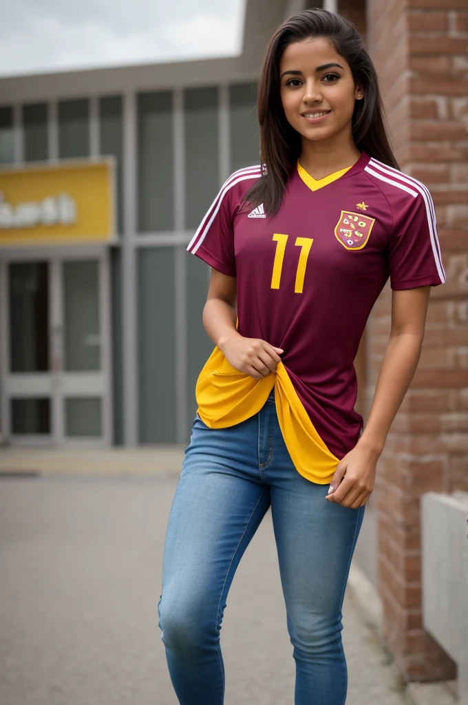 chica sexy, dressed in soccer style with the vinotinto shirt