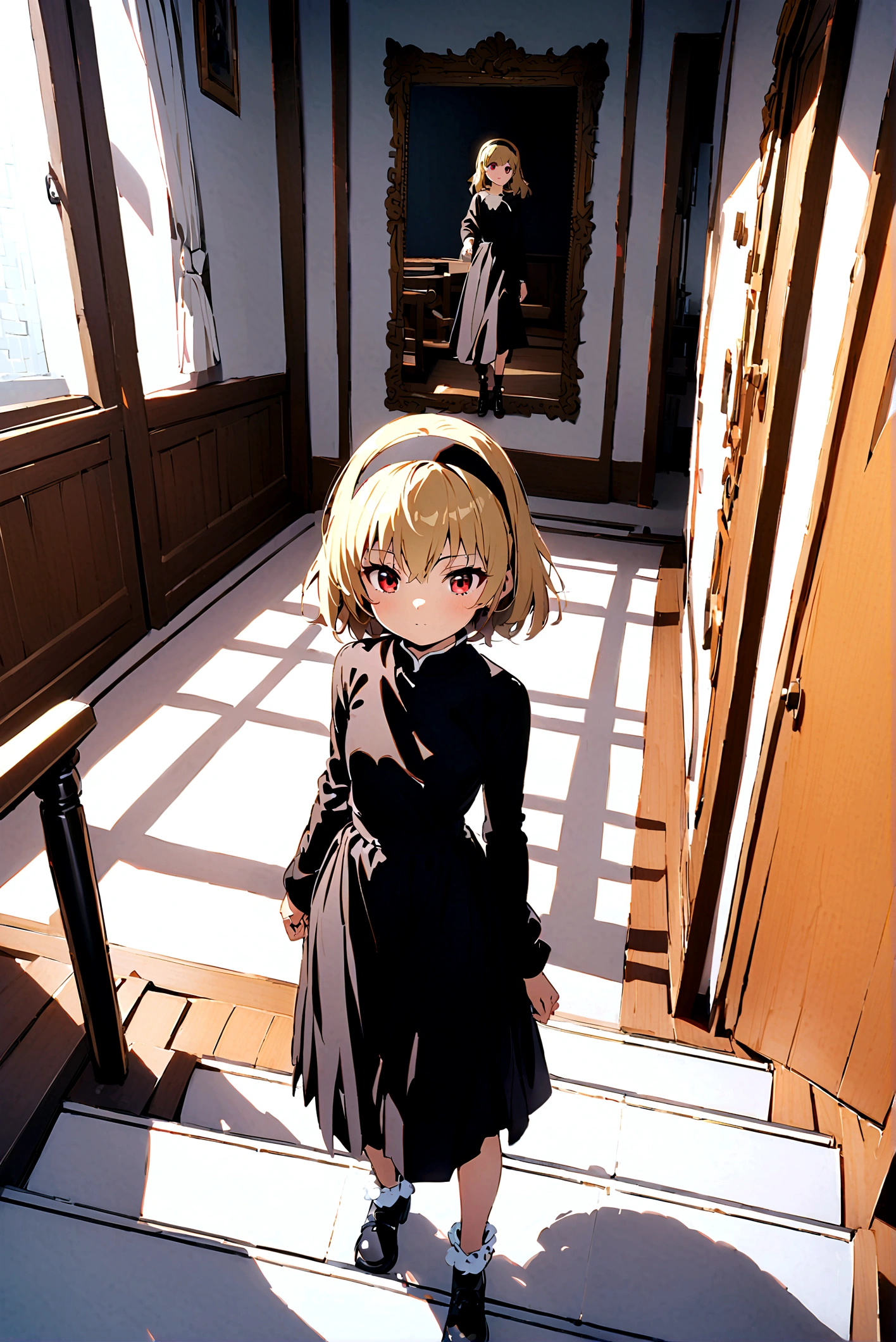 (Houjou_Satoko), (blonde), Red eyes, short hair, hair band, Small breasts, 11 years old, 1girl, 独奏, long sleeves, dress, standing, indoors, black footwear, black dress, shadow, stairs