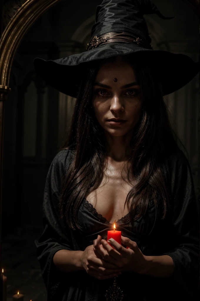 In an ultra-realistic and frightening image, a powerful witch is in the middle of a black magic ritual, directing her sorcery at a couple. Its eyes glow with an intense red light, casting a piercing and terrifying gaze. His long, black hair flutters around him, as if being stirred by a supernatural force. She wears ancient and esoteric robes, with mystical symbols embroidered in gold and silver that capture the light of the candles around her.

The witch is surrounded by a black, dense and impenetrable background, which increases the atmosphere of mystery and danger. His hands are raised, emanating visible magical energy, like red sparks and arcs of light that dance in the air. Around her, the ground is covered in scattered skulls, some stacked in a macabre way. Candles burning in antique candelabras and on the floor cast a flickering, eerie light, while smoke slowly rises and spirals, adding a sense of mystery and occultism.

On the ground, a circle of mystical dark magic symbols glow dimly, standing out against the darkness. The red light from the witch's eyes dramatically illuminates her face, creating deep, frightening shadows. An otherworldly glow emanates from his hands, suggesting a powerful and malevolent magical energy.

In the background, barely noticeable in the dim light, are the blurred figures of the couple, in despair, reflecting the terror that the witch is unleashing on them. The scene is rich in detail and so realistic that it seems to capture the very moment when the witch is about to complete her terrible sorcery, leaving a lasting impression of mystery and terror.