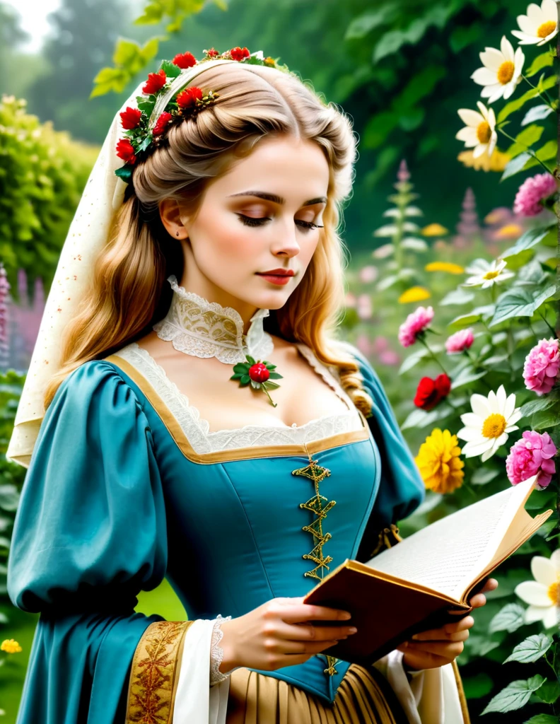 a portrait of a beautiful woman [Elisabeth Sladen:Maude Adams:0.1] donning Medieval Era Outfit, she reads a manuscript roll in a flower garden, shallow depth of field, in the style of Don Lawrence