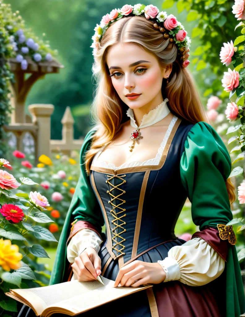 a portrait of a beautiful woman [Elisabeth Sladen:Maude Adams:0.1] donning Medieval Era Outfit, she reads a manuscript roll in a flower garden, shallow depth of field, in the style of Don Lawrence