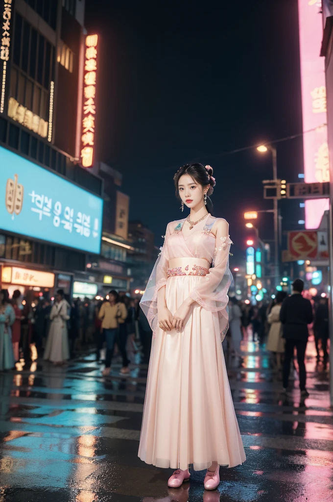 (((best quality))),(((ultra detailed))),(((masterpiece))),illustration,((1 beautiful girl,solo,korean princess)),((see through gorgeous pink sheer hanbok)),((slim,thin,small breasts,flat chest)),bun hair,((city streets,night scene)),delicate features,(traditional jewelry,earrings,necklace),modernity,tranquility,vision of beauty,((standing,full body,from front,slender legs,loafers)),((The background is a tall building filled with neon billboards)),(surrounded by crowded crowds:1.3),(arms behind back:1.3)