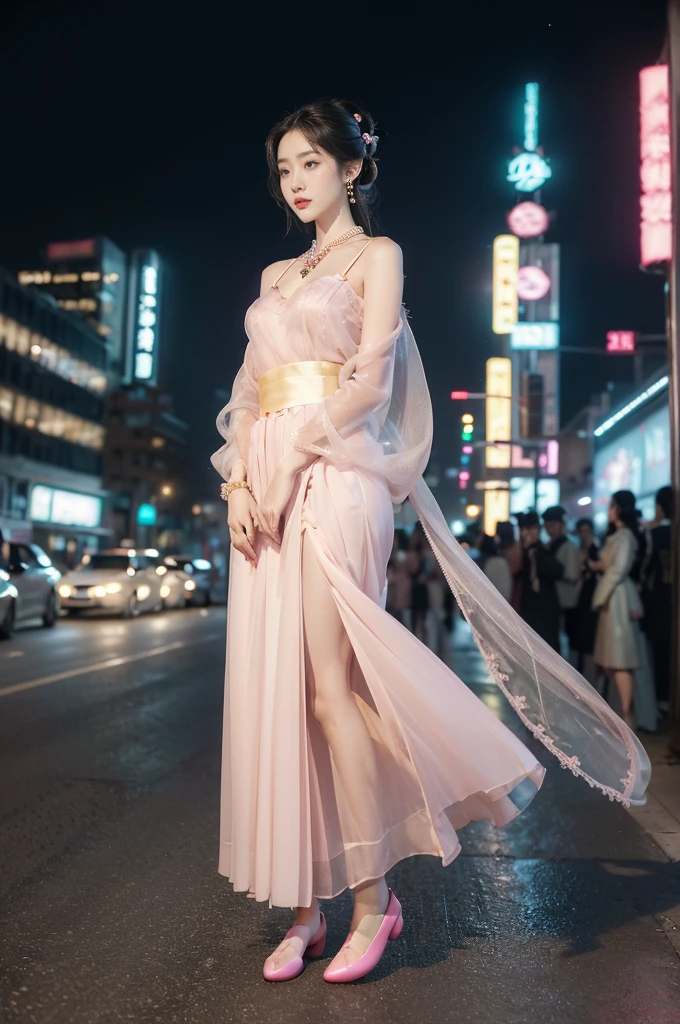 (((best quality))),(((ultra detailed))),(((masterpiece))),illustration,((1 beautiful girl,solo,korean princess)),((see through gorgeous pink sheer hanbok)),((slim,thin,small breasts,flat chest)),bun hair,((city streets,night scene)),delicate features,(traditional jewelry,earrings,necklace),modernity,tranquility,vision of beauty,((standing,full body,from front,slender legs,loafers)),((The background is a tall building filled with neon billboards)),(surrounded by crowded crowds:1.3),(arms behind back:1.3)