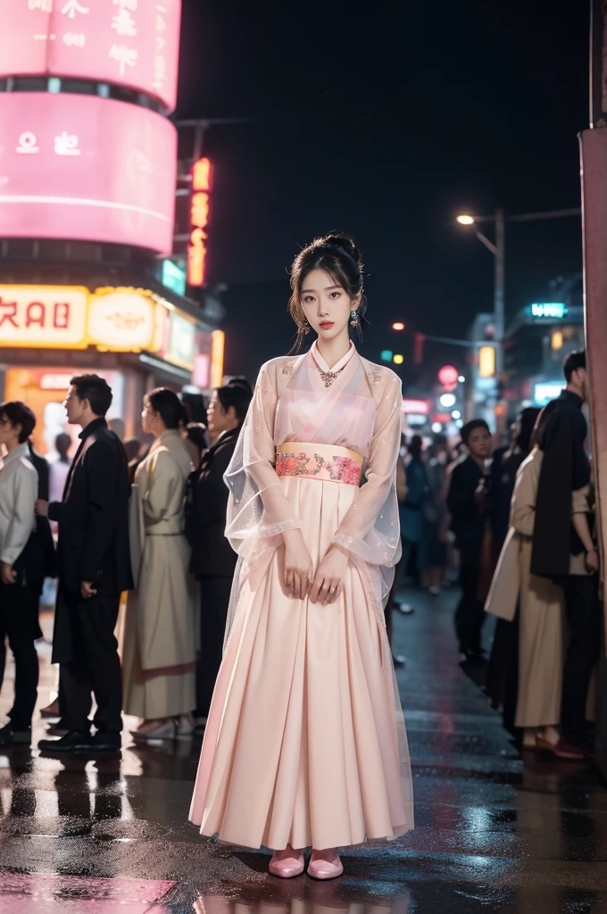 (((best quality))),(((ultra detailed))),(((masterpiece))),illustration,((1 beautiful girl,solo,korean princess)),((see through gorgeous pink sheer hanbok)),((slim,thin,small breasts,flat chest)),bun hair,((city streets,night scene)),delicate features,(traditional jewelry,earrings,necklace),modernity,tranquility,vision of beauty,((standing,full body,from front,slender legs,loafers)),((The background is a tall building filled with neon billboards)),(surrounded by crowded crowds:1.3),(arms behind back:1.3)