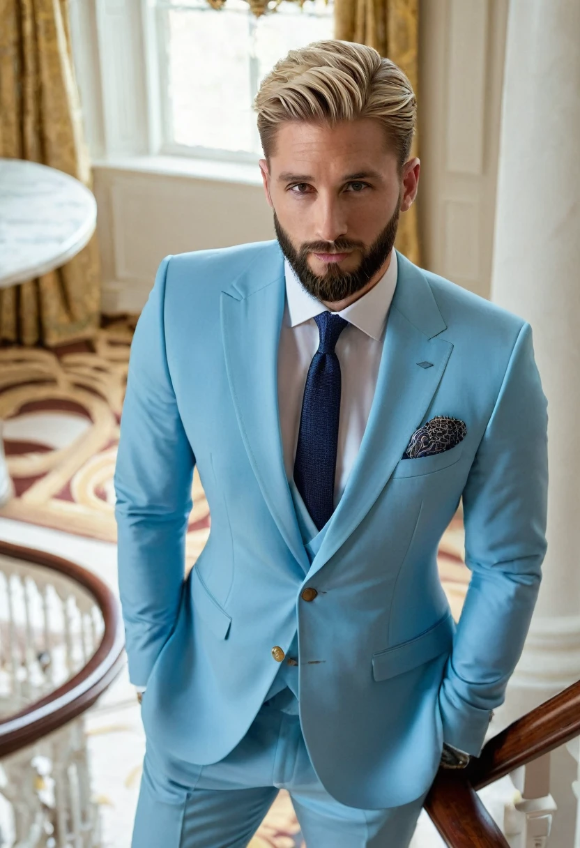 ((best quality)), 1 Men, short beard, slightly blonde hair, wearing light blue suit, half of the body from above, mansion interior background 