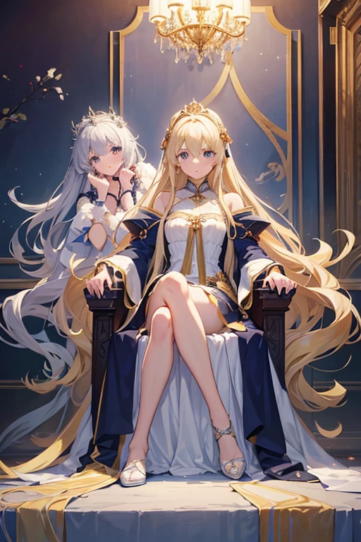 masterpiece, Highest quality, High resolution，Follow the on-screen instructions、Anime Style、Two girls on the screen、Princess、A beautiful girl with long blonde hair and a beautiful girl with long silver hair、Sitting on the throne、Two Thrones