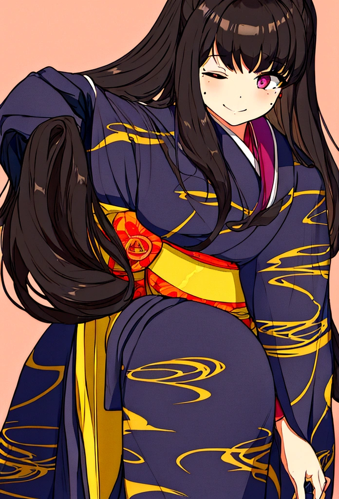 Teenager girl, with black long hair, eyes closed, kimono, mole on cheek, smiling,
