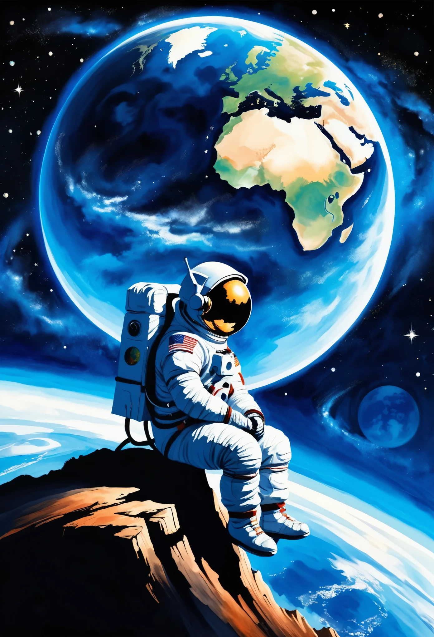 A sad astronaut sits on the edge of space gazing at Earth below, with a space background featuring the planet Earth, galaxy, and night sky. The artwork is depicted in the style of traditional Chinese brush painting.