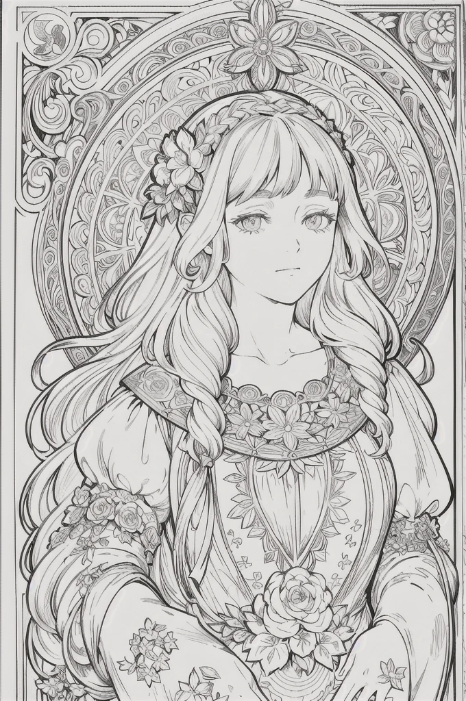 European woman face portrait, Long Curly Hair, blonde, Floral frame, Decorative panel, Abstract Art by Alphonse Mucha, sketch, Character dialogue and scenes without color or shadow.
(masterpiece, Highest quality, High resolution:1.4), detailed, Intricate details, 4K, Splashes of color, Line art, Fibonacci,