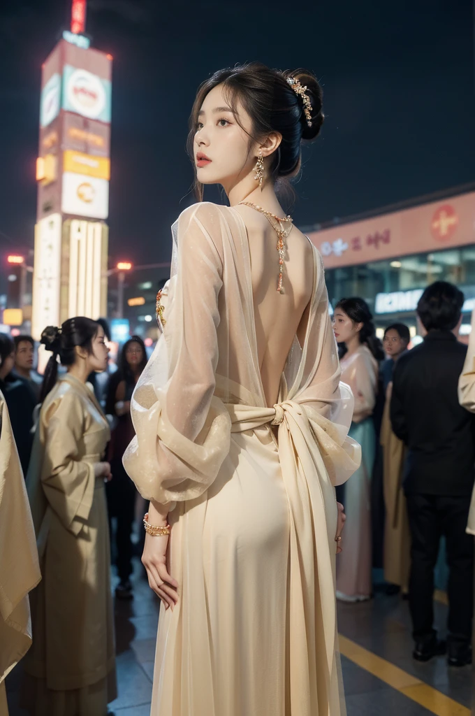 (((best quality))),(((ultra detailed))),(((masterpiece))),illustration,((1 beautiful girl,solo,korean princess)),((see through gorgeous beige sheer hanbok)),((slim,thin)),((bare back,towering hips,butt crack)),bun hair,((city streets,night scene)),delicate features,(traditional jewelry,earrings,necklace),modernity,tranquility,vision of beauty,((standing,upper body,from back)),((The background is a tall building filled with neon billboards)),(surrounded by crowded crowds:1.3)