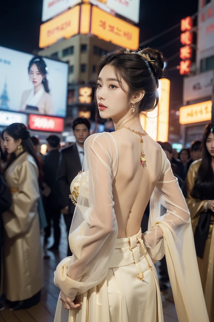 (((best quality))),(((ultra detailed))),(((masterpiece))),illustration,((1 beautiful girl,solo,korean princess)),((see through gorgeous beige sheer hanbok)),((slim,thin)),((bare back,towering hips,butt crack)),bun hair,((city streets,night scene)),delicate features,(traditional jewelry,earrings,necklace),modernity,tranquility,vision of beauty,((standing,upper body,from back)),((The background is a tall building filled with neon billboards)),(surrounded by crowded crowds:1.3)